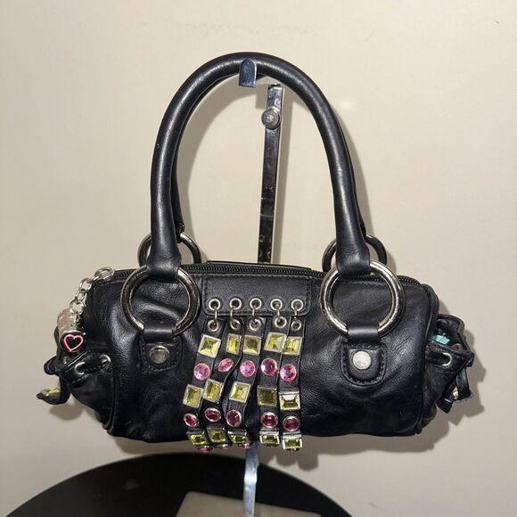 bd Babeed Designer Paris Black Leather Pink Green Rhinestones Hand Bag $395 - Picture 5 of 9